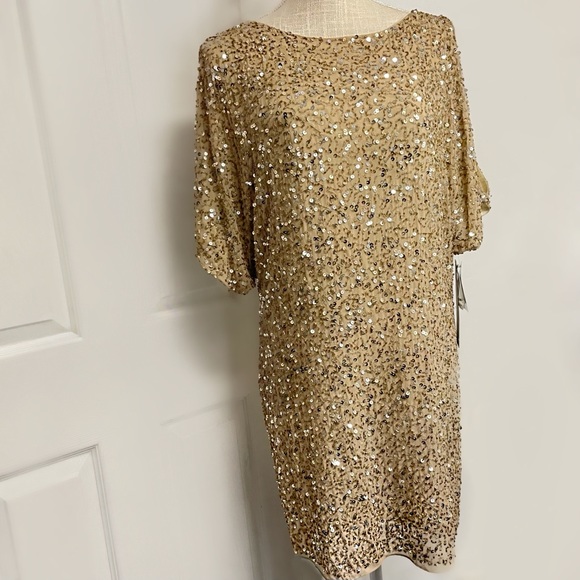 AIDAN MATTOX Gold Sequin Beaded Silk Split Sleeve Cocktail Dress NWT Size 4 - Picture 2 of 7